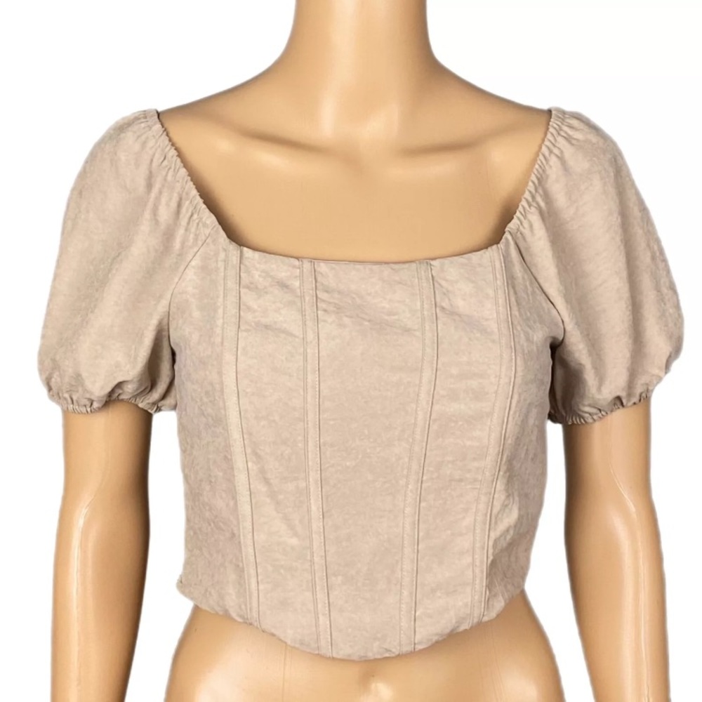 Tan Puff Sleeve Crop Top with Bustier Style